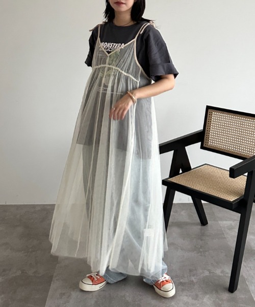 チュールカシュリボンキャミワンピース kutir ワンピース リボンチュールキャミワンピース レディース
