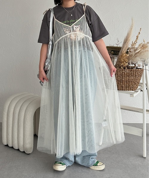 チュールカシュリボンキャミワンピース チュールカシュリボンキャミワンピース