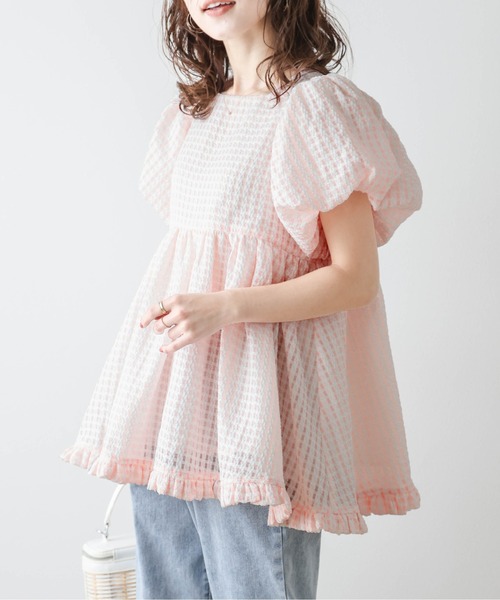 tシャツ ぽわん袖ギンガムチェックトップス レディース