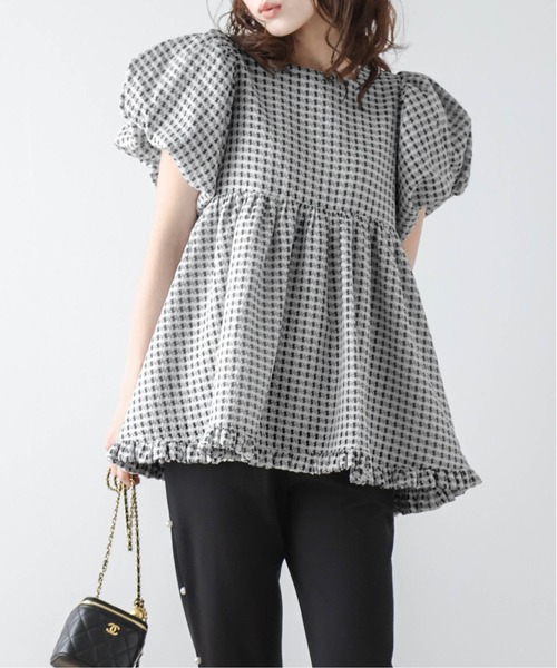 tシャツ ぽわん袖ギンガムチェックトップス レディース