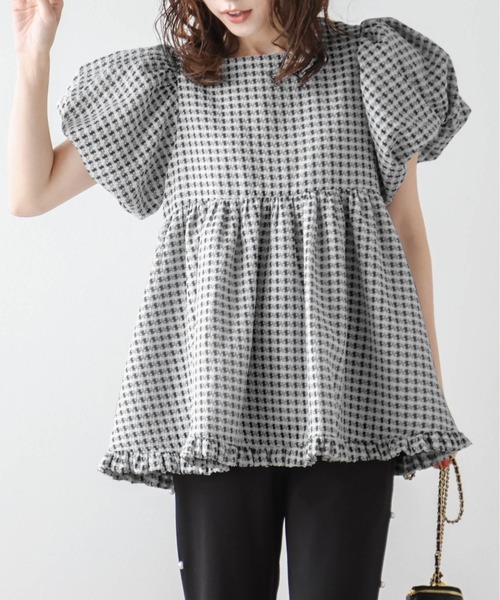 tシャツ ぽわん袖ギンガムチェックトップス レディース