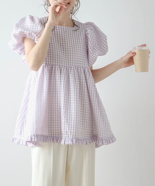 tシャツ ぽわん袖ギンガムチェックトップス レディース : ZOZOTOWN