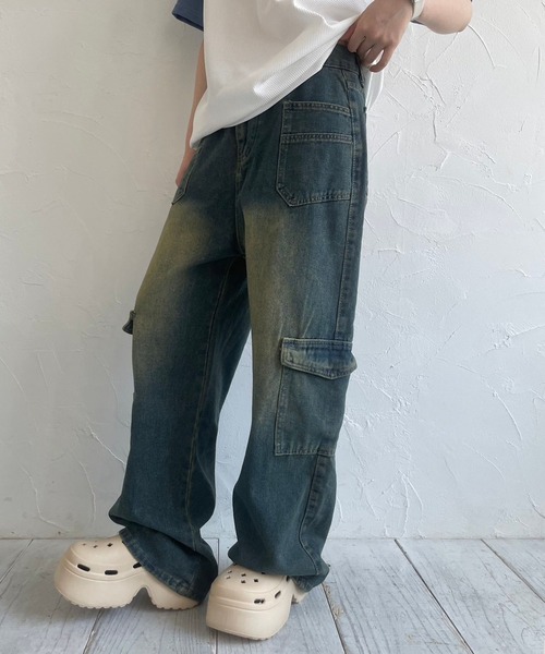 憧れの lilful ジーンズ デニム デニムパンツ ヴィンテージ加工 ワイド パンツ