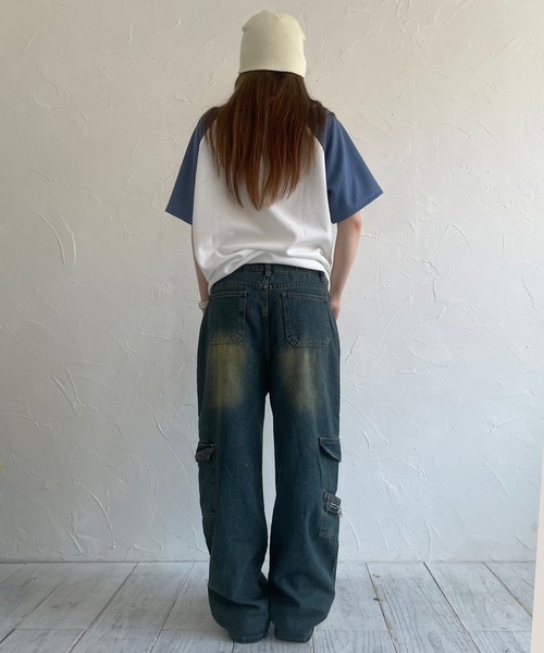 ヴィンテージ加工 ワイドジーンズ 美脚 ワイドデニム ストリート MONO-MART ジーンズ ヴィンテージ加工2WAYサイドジップワイド