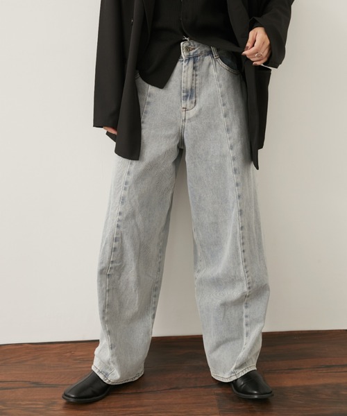 Aunt Marie'sバレルレッグワイドデニムパンツ/オールシーズン着用可 S,M,Lサイズ展開】バレルレッグワイドデニムパンツ/美シルエット