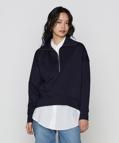 tシャツ レーヨンストレッチポンチ ハーフジップトップ レディース