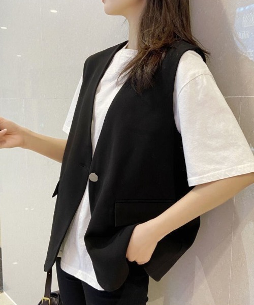 ベスト ジレ 裏地付き万能ワンボタンレディース上品ベスト レディース