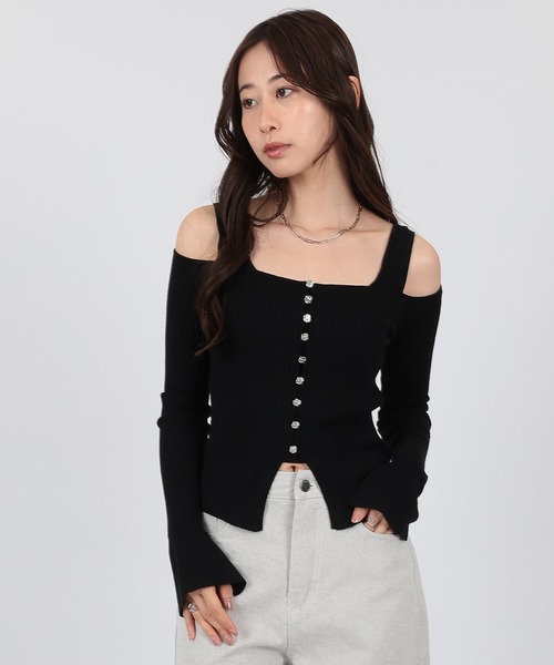 tシャツ strap offshoulder lib knit pullover レディース