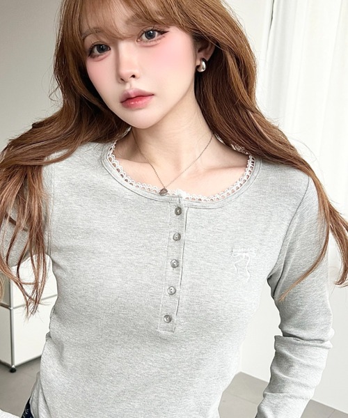 ローエ ROHE ヘンリーネックリブカットソー 長袖 36 アイボリー /ES moment+ tシャツ ヘンリーネックワンポイント刺繍長袖リブカットソー