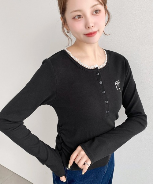 moment+ tシャツ ヘンリーネックワンポイント刺繍長袖リブカットソー