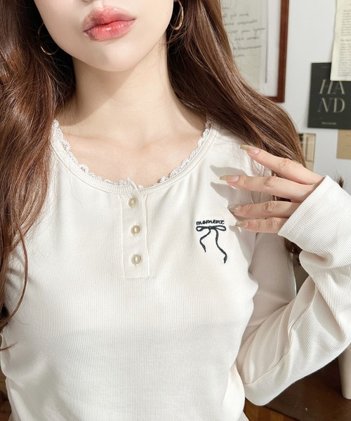 RIS@ 即日発送ページ moment+ tシャツ ヘンリーネックレースワンポイント刺繍長袖リブ