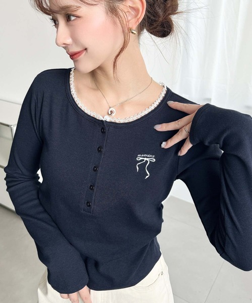moment+ tシャツ ヘンリーネックワンポイント刺繍長袖リブカットソー