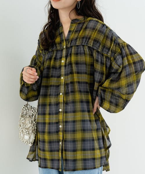 美品 プランシー Plan C シャツ ブラウス フレンチスリーブ チェック柄 コットン トップス レディース 36(S相当) イエロー/グリーン/ブラック Women's Shirts and Tops | Plan C