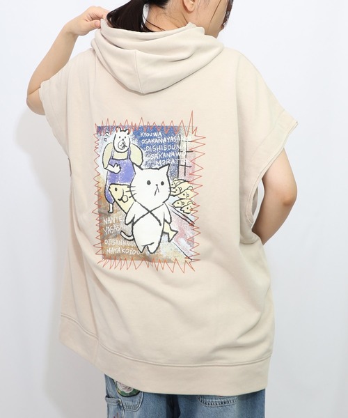 ヨークシャーテリア　額付プリント　アメリカン　シリアルナンバー付き ScoLar Parity tシャツ 353106：魚屋さんとネコ柄 ケミカル加工