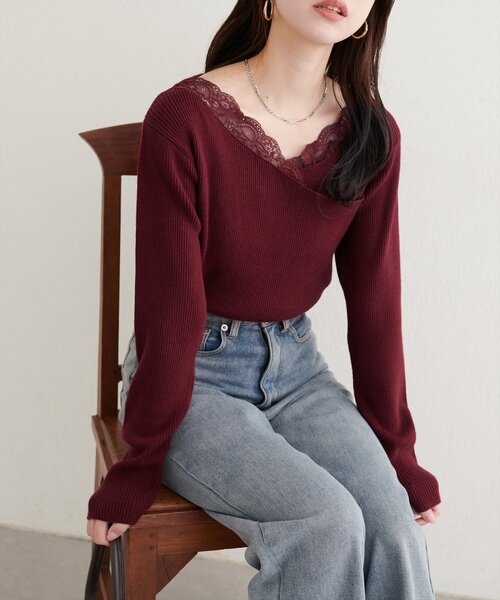 natural couture ニット セーター アシメレースネックリブニットプル