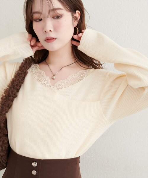 新品♡アシメレースアップニット natural couture ニット セーター アシメレースネックリブニットプル