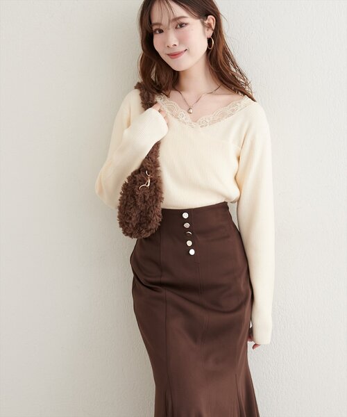 新品♡アシメレースアップニット natural couture｜アシメレースネックリブニットプルオーバー