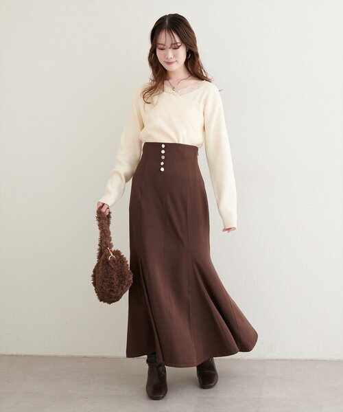 新品♡アシメレースアップニット natural couture｜アシメレースネックリブニットプルオーバー