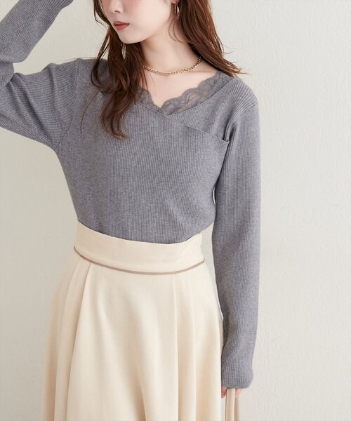 グレースコンチネンタル アシメレースニットTOP natural couture ニット セーター アシメレースネックリブニットプル
