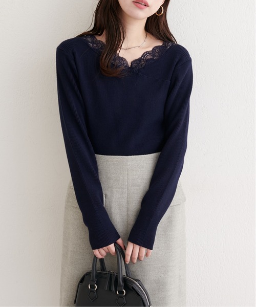 グレースコンチネンタル アシメレースニットTOP natural couture ニット セーター アシメレースネックリブニットプル