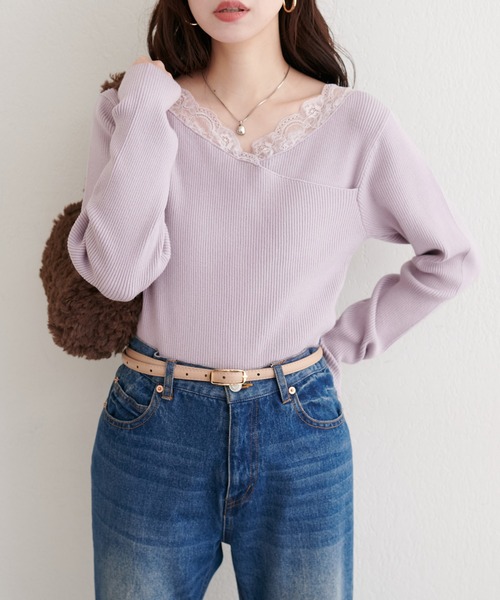 natural couture ニット セーター アシメレースネックリブニットプル