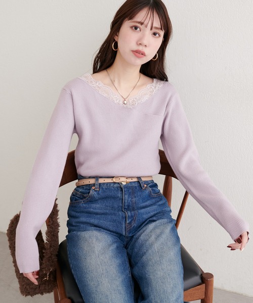 natural couture ニット セーター アシメレースネックリブニットプル