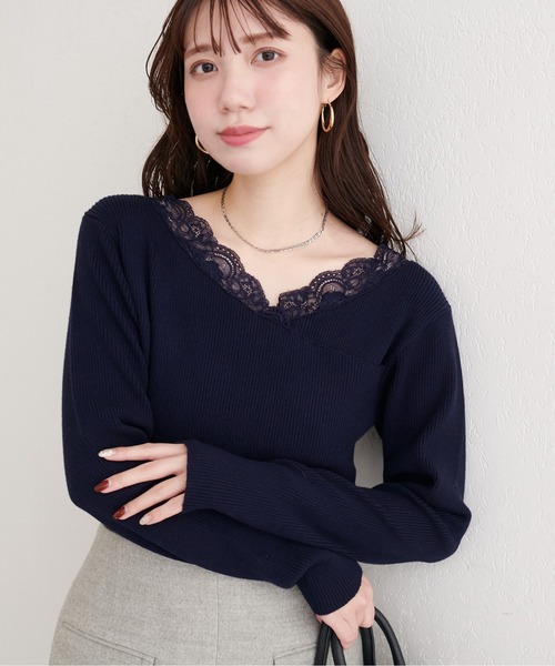 新品♡アシメレースアップニット natural couture ニット セーター アシメレースネックリブニットプル