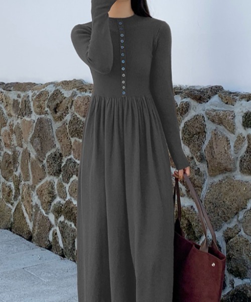 Diosfront ワンピース ウエストギャザーAラインニットワンピース