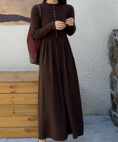 Diosfront ワンピース ウエストギャザーAラインニットワンピース