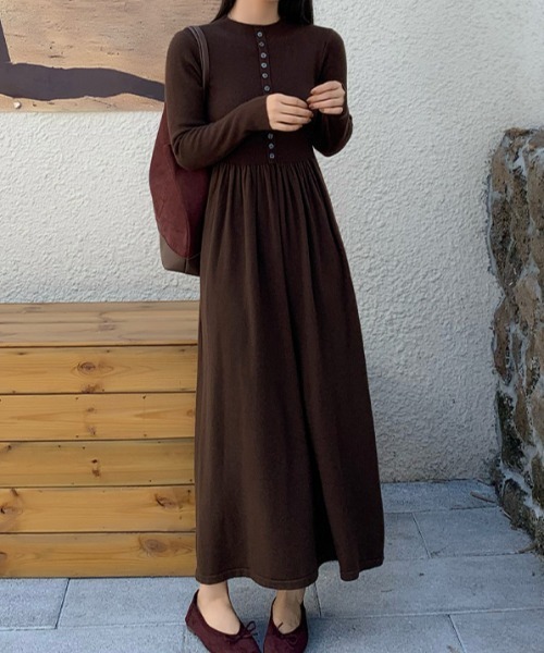 Diosfront ワンピース ウエストギャザーAラインニットワンピース