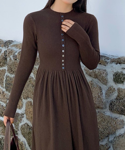 Diosfront ワンピース ウエストギャザーAラインニットワンピース