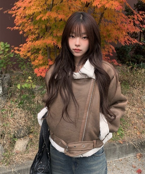 anyonemore ムートンコート ボアコート 裾バックルベルトスエード調