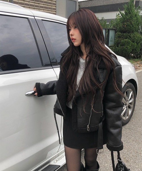 anyonemore ムートンコート ボアコート 裾バックルベルトスエード調