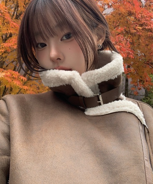 anyonemore ムートンコート ボアコート 裾バックルベルトスエード調