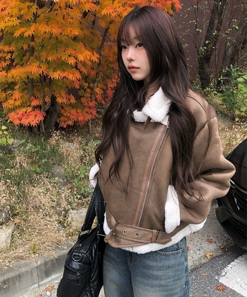 anyonemore ムートンコート ボアコート 裾バックルベルトスエード調