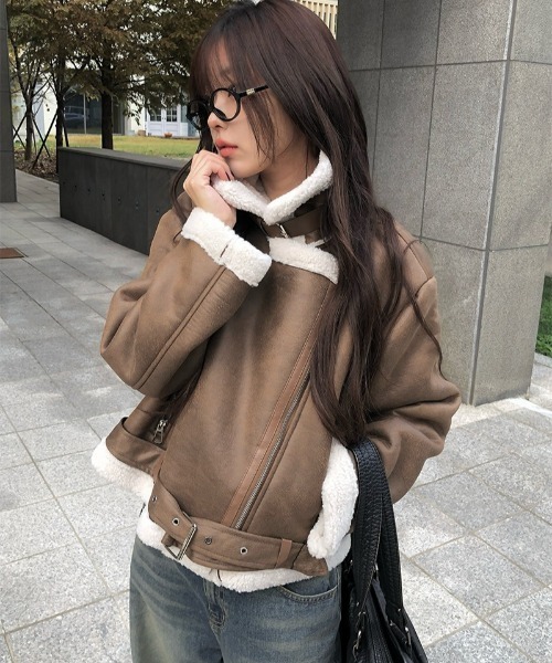 anyonemore ムートンコート ボアコート 裾バックルベルトスエード調