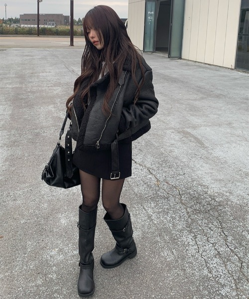 anyonemore ムートンコート ボアコート 裾バックルベルトスエード調