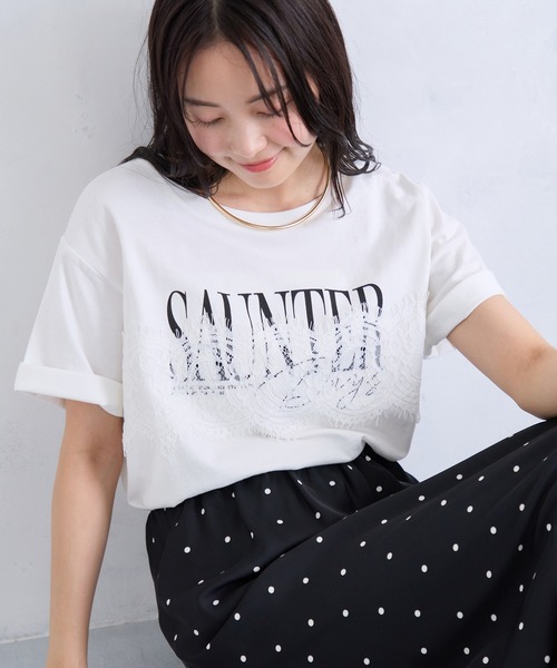 VIS（ビス） tシャツ 半袖 レースレイヤードロゴ半袖Tシャツ