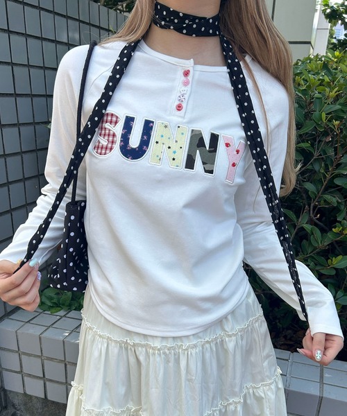 vivian 長袖 クルーネック カットソー パッチワーク柄 WC ヘンリーネック tシャツ 「大人気で長袖Ver.登場」アソートボタン