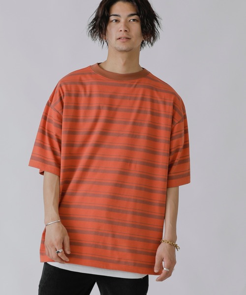 Beno tシャツ Tシャツ レトロボーダー ワイドモックネック