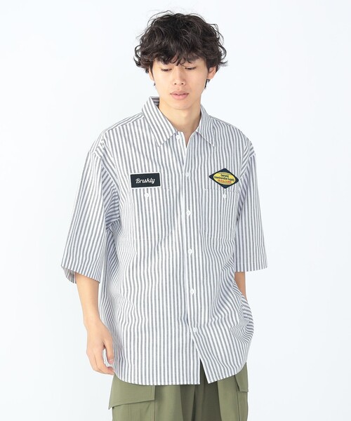 BEAMSGOLF メンズM ハイネック ストライプシャツ SALE] GYMPHLEX ジムフレックス ストライプ バンドカラーシャツ