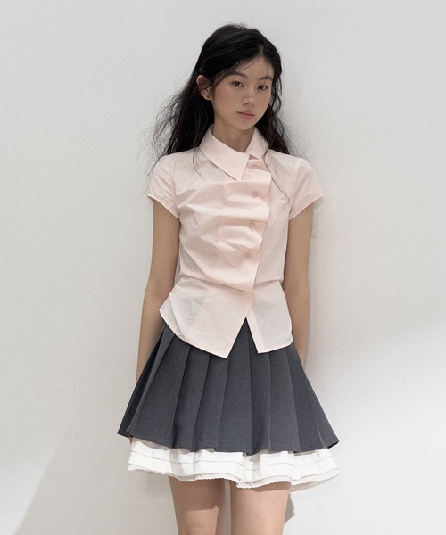 SunsetPark 2025 プリーツレースデザインシャツ　ピンク SunsetPark ブラウス シャツ プリーツレースデザインシャツ