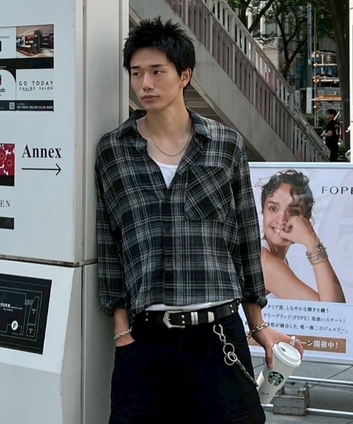 Chikashitsu+ シャツ 「Chikashitsu+」cropped linen check Chikashitsu+ シャツ 「Chikashitsu+」cropped linen check