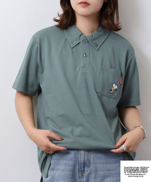 PEANUTS スマホショルダー ポロシャツ 半袖 フレンズ柄刺繍鹿の子ポロT