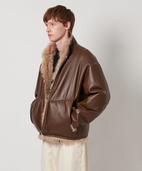 『ユナイテッドアローズ』ムートンジャケット 羊革 イタリア製 オリーブ48 ゴート ムートンカラー ジップ ジャケット