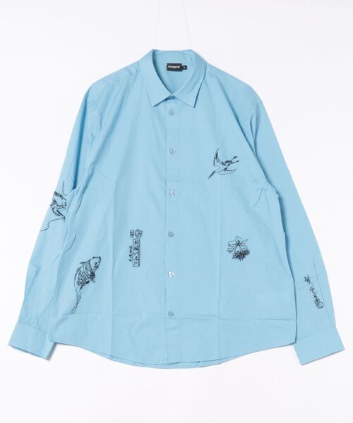 刺繍付き青長袖シャツ新品タグ付き Desigual（デシグアル） シャツ スカイブルースケッチ刺繍長袖シャツ
