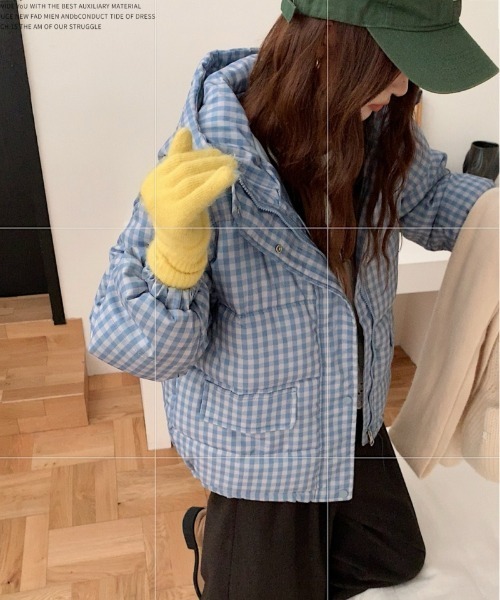 ダウンコート ダウンジャケット チェック柄BIGポケット エコダウン