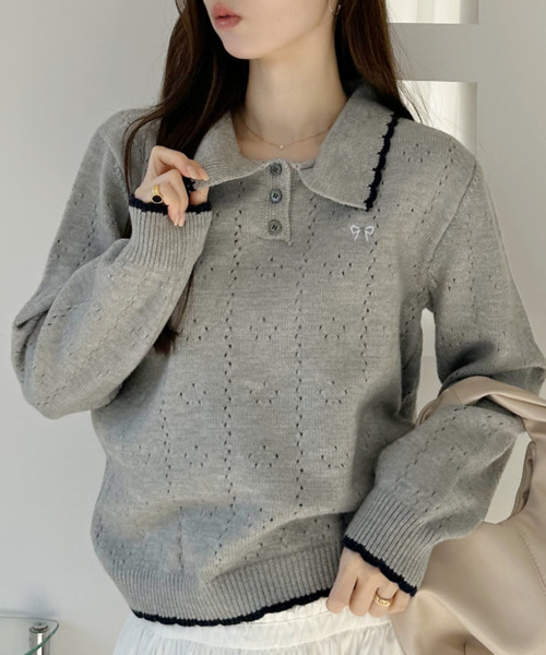 Ada. ニット セーター リボン 刺繍 スカラップ カラー 配色 ニット 