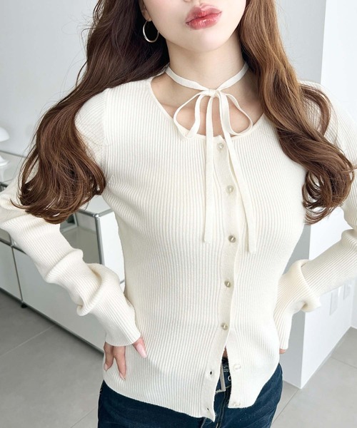 moment+ カーディガン チョーカー付きクルーネックリブニット