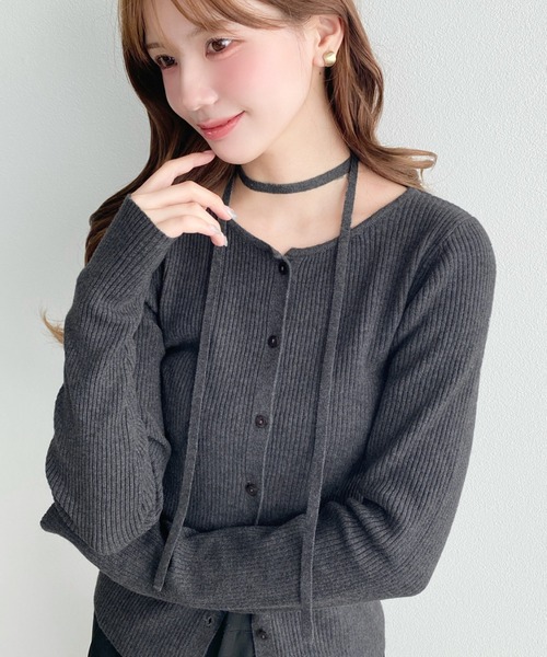 moment+ カーディガン チョーカー付きクルーネックリブニット